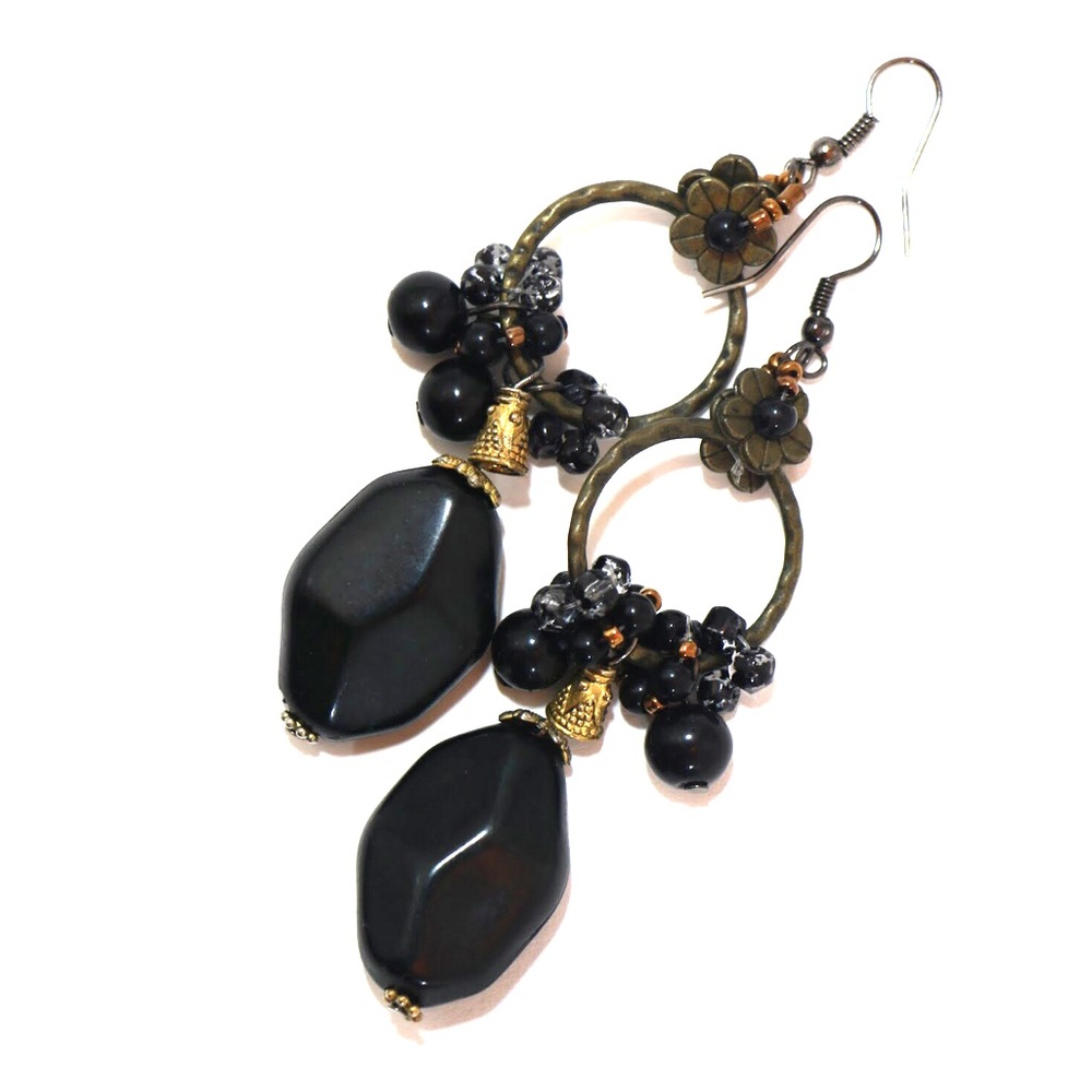 Gorgeous Black Beaded Earrings with Flower
